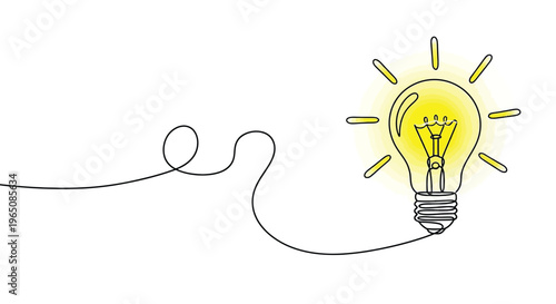 Continuous line drawing of glowing lightbulb idea concept