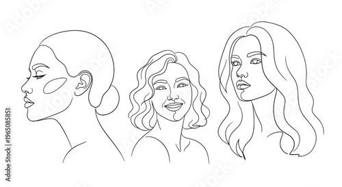 Diverse women faces continuous line art portraits collection