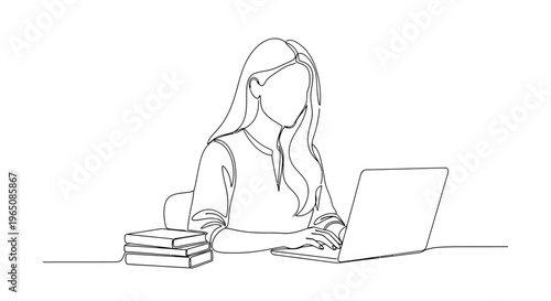 Woman working on laptop with books line art illustration