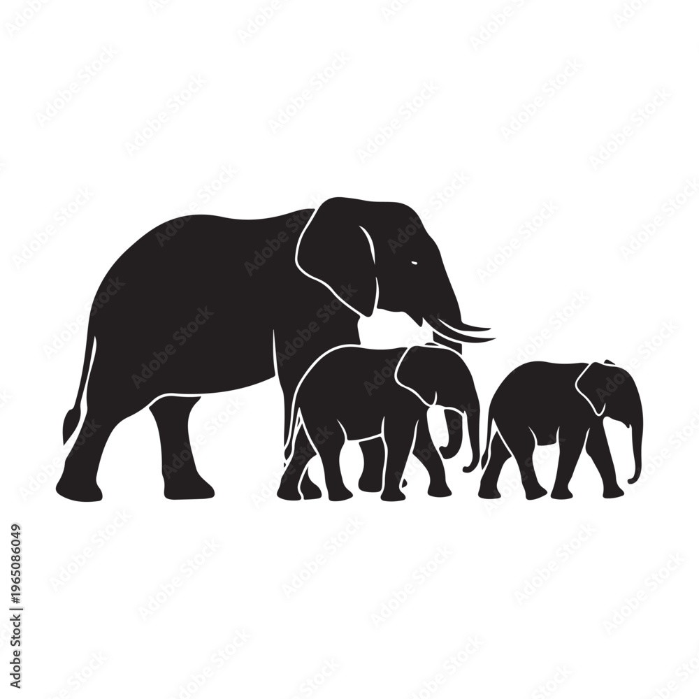 Fototapeta premium Black silhouette of an elephant family walking together in a line