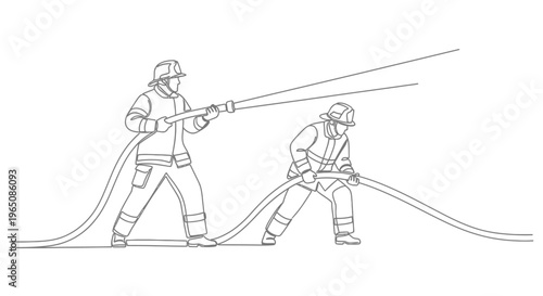 Two firefighters battling blaze continuous line art emergency service