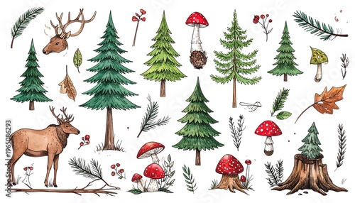 A forest scene with various trees, mushrooms, and wildlife elements