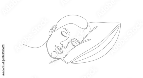 Peaceful sleeping woman on pillow in continuous line art drawing