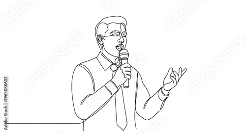 Public speaker man: presentation, conference, event host line art