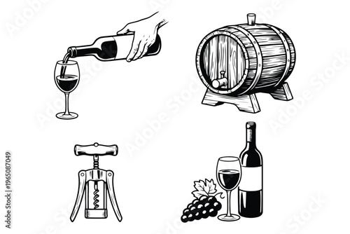 Black and white of wine pouring wine bottle wooden barrel corkscrew and grapes glass