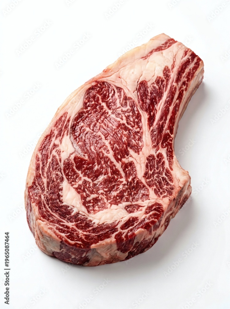 Obraz premium Bone-in ribeye steak, raw marbled beef cut for grilling, bone in, marbled meat