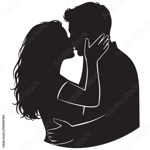 Silhouette of romantic heterosexual couple in passionate embrace and kissing on white background