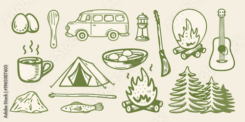 Camping essentials and outdoor adventure items in a sketched silhouette