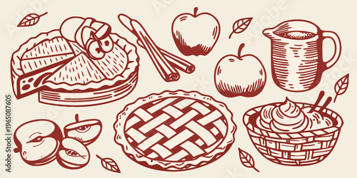 Autumnal apple pie and fruit arrangement in a sketch silhouette