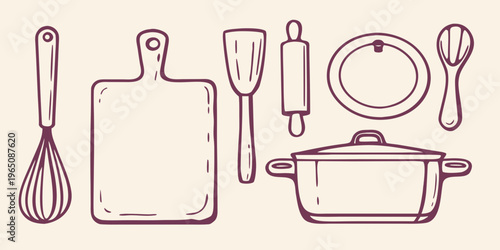 Hand drawn kitchen utensils and cookware in a charming silhouette