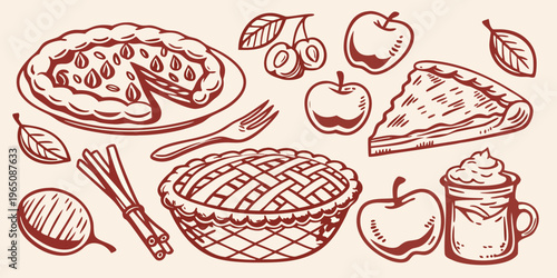 Autumnal apple pie and fruit arrangement in a hand drawn silhouette