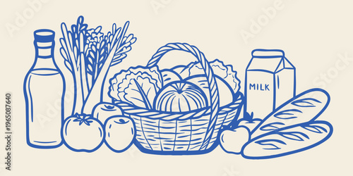 Still life drawing of groceries in a basket blue line art silhouette