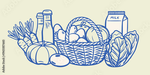 A hand drawn still life of groceries and produce silhouette
