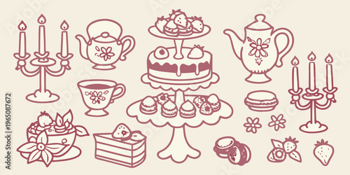 A charming still life of desserts and tea hand drawn silhouette