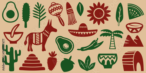 Mexican themed illustrations featuring icons and a donkey silhouette