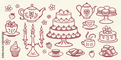 Vintage tea party collection with sweets and treats silhouette