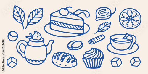 Blue line art of desserts and tea a charming silhouette