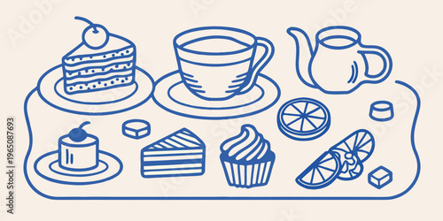 A charming collection of desserts and beverages in blue outline silhouette