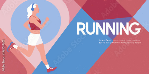 A woman runs with headphones depicted in a modern graphic style silhouette
