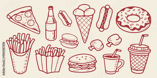 Doodle style fast food collection with various treats a charming silhouette