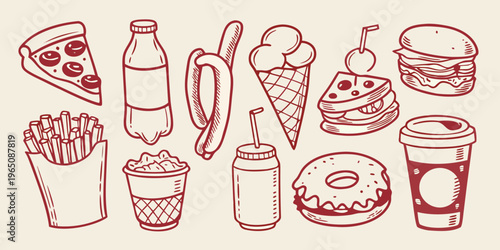 Hand drawn fast food and sweet treats in a charming silhouette