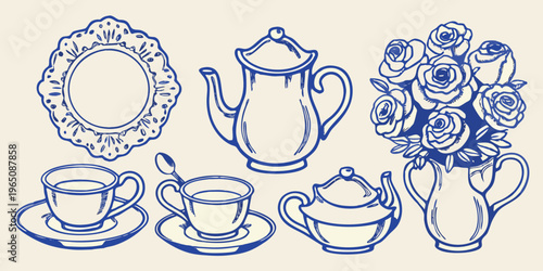 Vintage tea set and roses a delicate hand drawn illustration silhouette