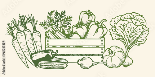 Fresh produce in a wooden crate a detailed botanical silhouette