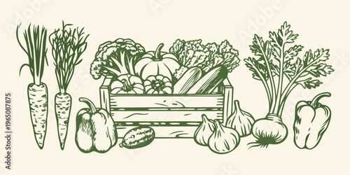 A bountiful harvest of fresh vegetables in a wooden crate silhouette
