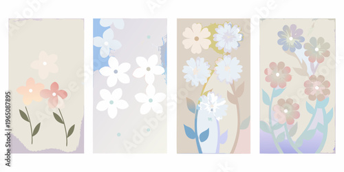 Four pastel floral panels with delicate flower arrangements silhouette