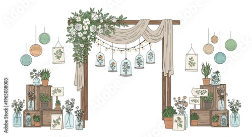 Boho Wedding Arch Decor with Greenery, Flowers, and Hanging Lanterns