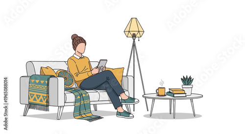 Woman relaxing on sofa with tablet, cozy living room, modern interior design illustration