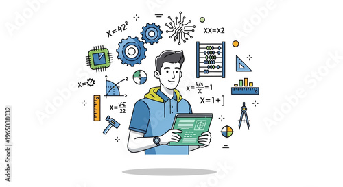 Young Man with Digital Tablet Surrounded by Math & Engineering Symbols