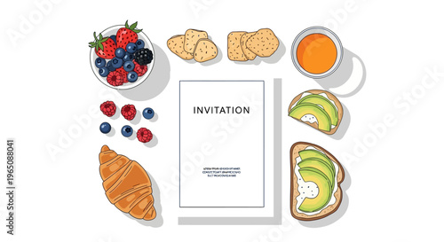Breakfast invitation flat lay: croissant, berries, avocado toast, juice, crackers on white background