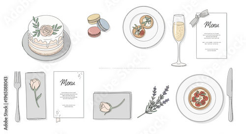 Elegant Celebration Table Setting: Cake, Macarons, Champagne, Menu, and Desserts