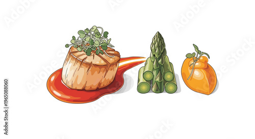 Gourmet Scallop Dish with Asparagus and Citrus Garnish