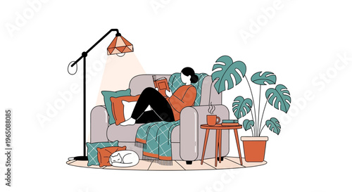 Cozy Evening Relaxation: Woman Reading Book on Sofa with Cat, Lamp, and Plants