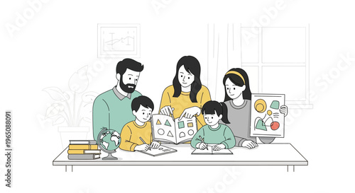 Family Studying Together: Parents Teaching Children at Table with Books and Globe