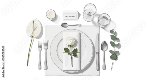 Elegant Table Setting with White Rose, Anthurium Flower, and Eucalyptus Sprig