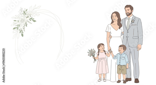 Happy Family Wedding Portrait: Bride, Groom, Daughter, Son with Floral Wreath