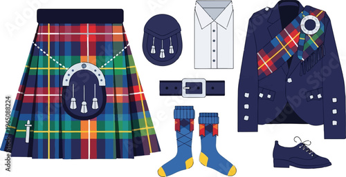“Traditional Scottish Highland Outfit with Tartan Kilt”