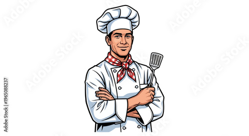 Smiling Chef with Spatula, Arms Crossed, Professional Uniform, Restaurant Food Service