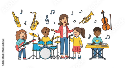 Children's Music Class: Teacher Leads Kids Playing Instruments & Singing