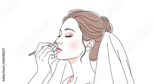 Woman applying makeup nose contour with brush, elegant beauty illustration