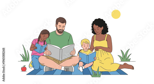 Diverse family reading books outdoors on picnic blanket, enjoying sunny day together.