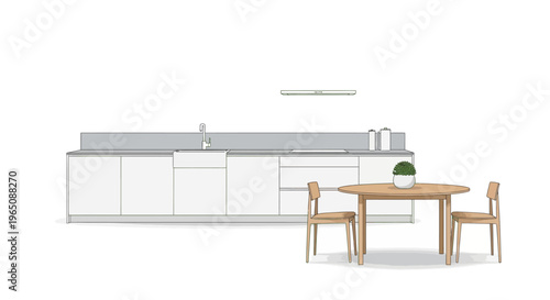 Modern minimalist kitchen interior design with dining table and chairs, clean white aesthetic.