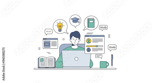 Online Learning Concept: Student Studying Remotely with Laptop and Educational Icons