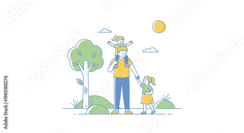 Father Carrying Daughter on Shoulders, Walking with Another Child in Park
