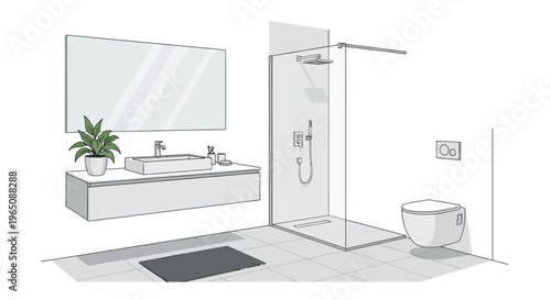 Modern Bathroom Design Illustration: Shower, Vanity, Toilet, Mirror, Plant