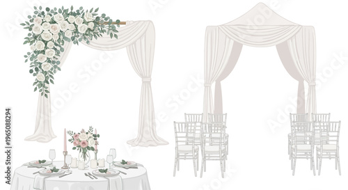 Elegant Wedding Ceremony Decor: Arch, Draping, Chairs, and Table Setting
