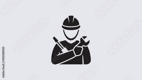 A solid black icon depicting an industrial worker in a hard hat, confidently holding a wrench and screwdriver, symbolizing skilled maintenance and technical support professions.